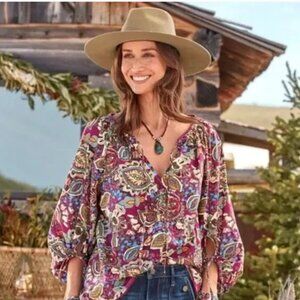 Sundance Belladonna Beauty Peasant Top Size S Burgundy Floral‎ Paisley Boho